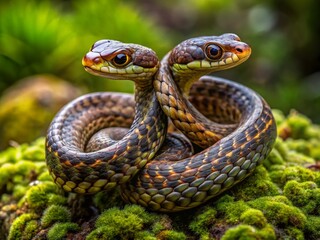 Obraz premium A rare, genetically deformed snake with two fully formed heads emerges from a dark, moss-covered stone, its bodies