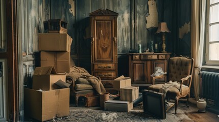 Abandoned Mansion A Glimpse into Time, Wide Angle, Dark Tone, Antique Furniture, Dusty Boxes, Abandoned Room, mansion