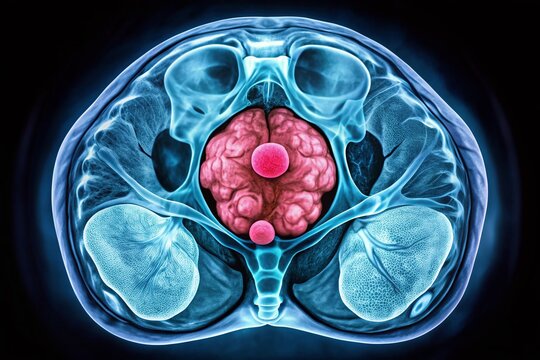 A rare ovarian teratoma tumor, also known as a dermoid cyst, shown in a detailed X-ray or CT