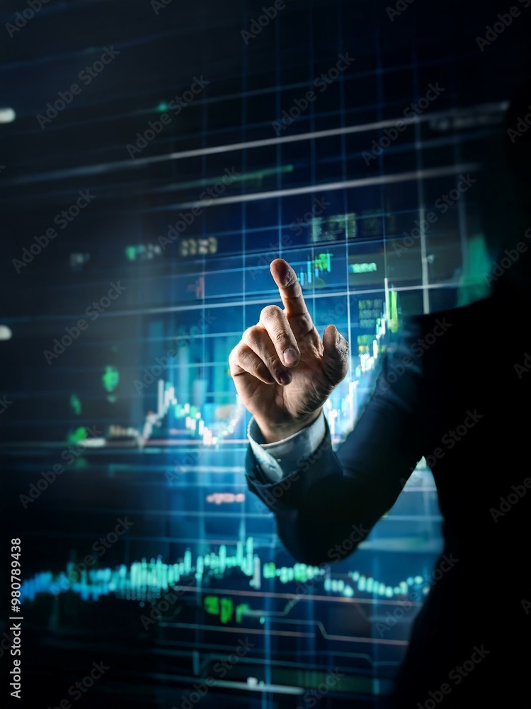 Poster a hand reaches out to touch a digital screen displaying a grid of fluctuating lines and data points.