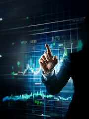 A hand reaches out to touch a digital screen displaying a grid of fluctuating lines and data points.
