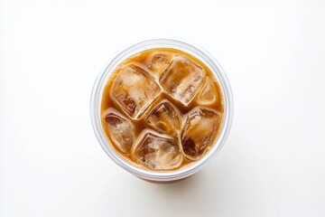 Takeaway plastic cup with iced cold coffee drink isolated on white background, Top view , ai