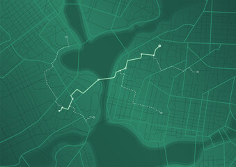 An abstract navigation plan highlights POI including city streets, blocks. City map featuring directional signs, an intended goal point and multiple markers. Editable vector illustration