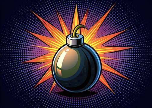 A retro-style illustration of a explosive bomb with a bold, modern logo emblazoned on its side, set against