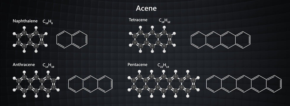 Set of molecules acenes: naphthalene, anthracene, tetracene, pentacene. Acenes are a class of organic compounds and polycyclic aromatic hydrocarbons consisting of linearly attached benzene rings.