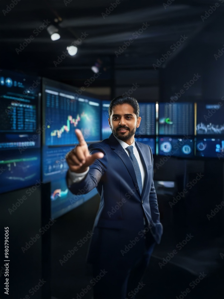 Poster a businessman in a suit stands in front of large screens displaying graphs and data, gesturing towar
