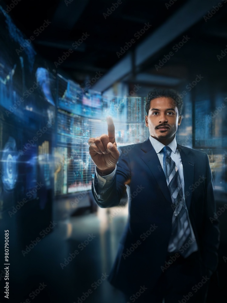 Poster a man in a suit and tie stands in front of a wall of screens displaying data and graphs. he is inter