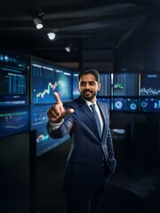 A businessman in a suit stands in front of large screens displaying graphs and data, gesturing towards the screen with his index finger.