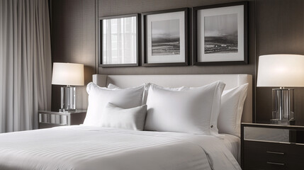 A sleek, modern boutique bedroom featuring a statement headboard, crisp white linens, and mirrored nightstands. Subtle lighting and contemporary artwork add to the upscale feel