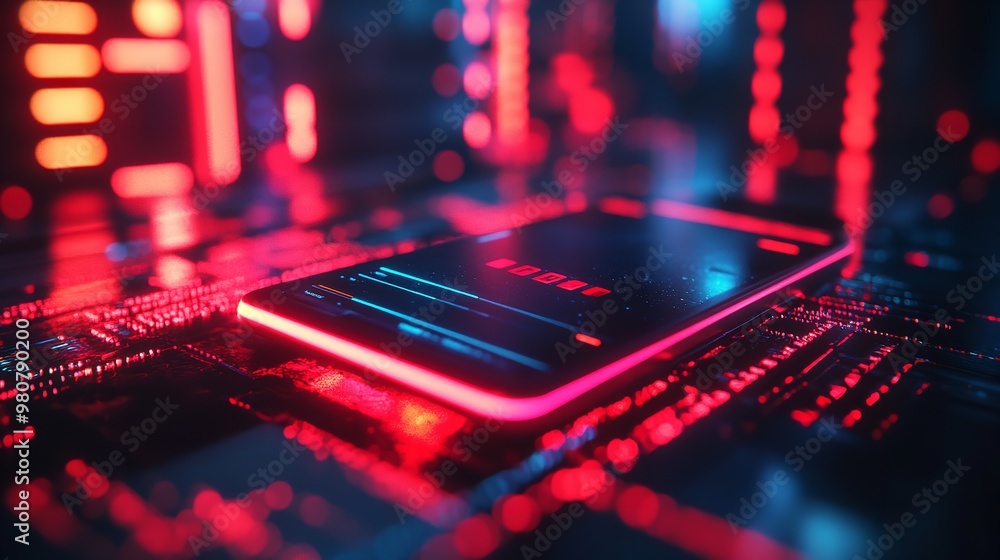 Poster futuristic smartphone interface with neon lights and digital data, depicting advanced technology and