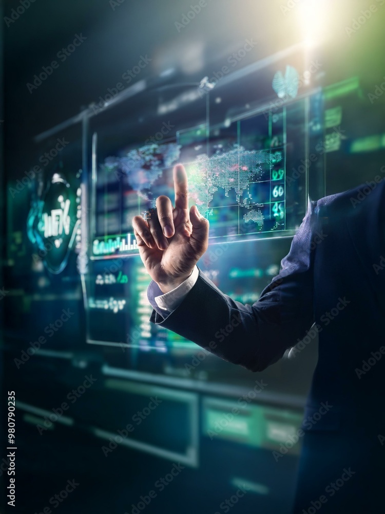 Leinwandbilder A businessman's hand interacts with a futuristic digital interface, displaying a world map and data.