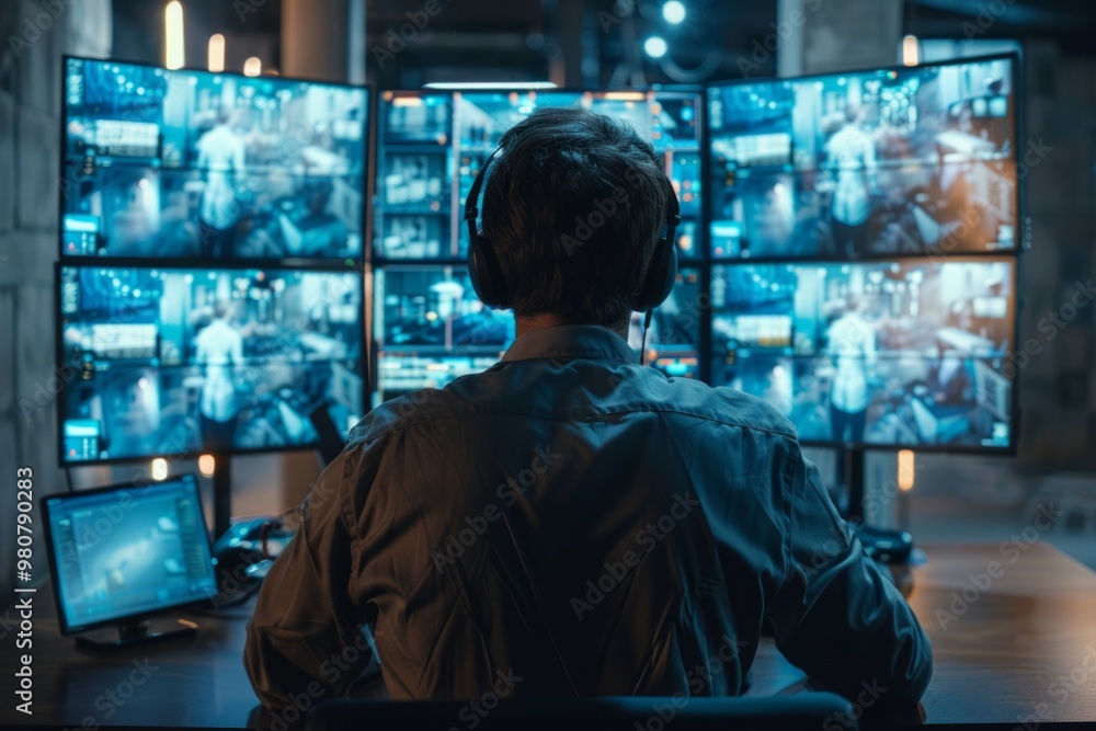 Poster a focused individual monitors multiple computer screens in a high-tech workspace during the late eve