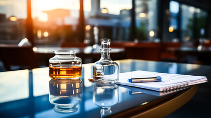 A bottle of liquid sits on a table next to a bottle of liquid.