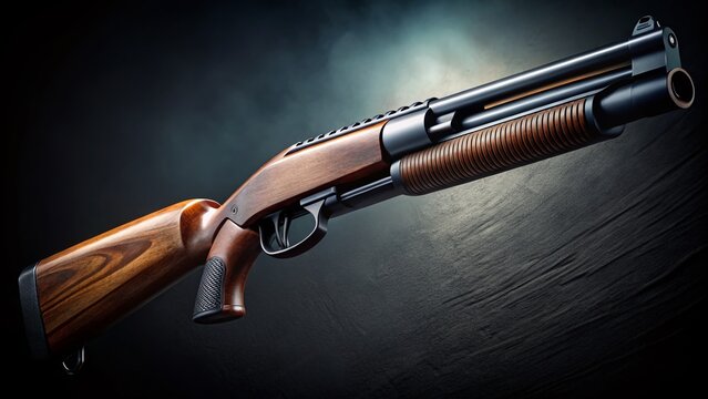 A rugged close-up of a pump-action shotgun being cocked, ready for action, with a dramatic shadow effect and
