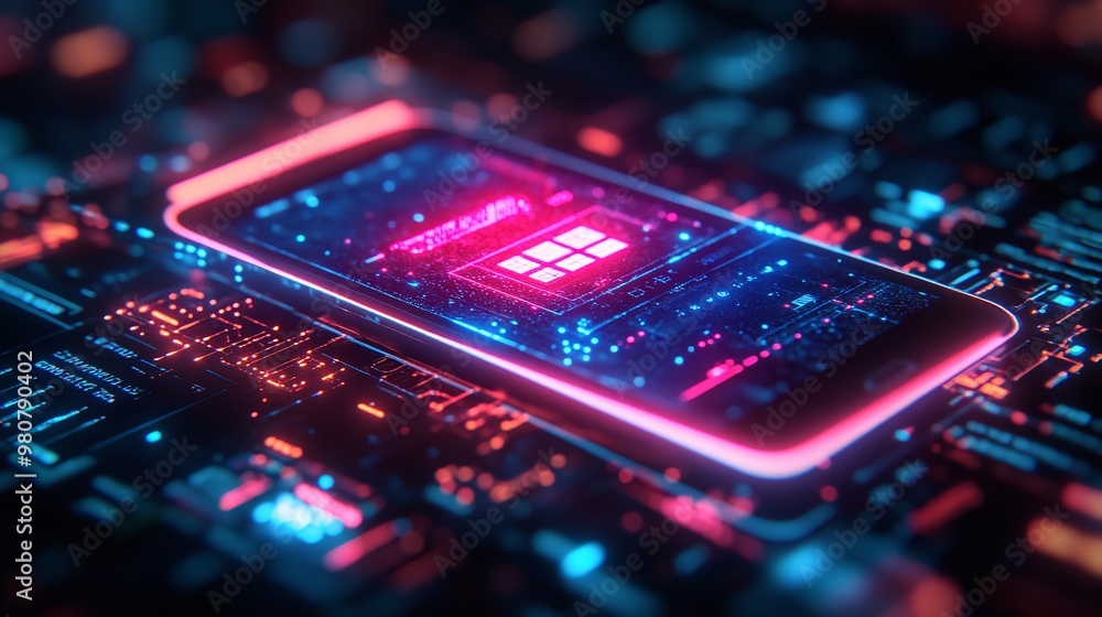 Poster futuristic smartphone interface with neon lights and digital data, depicting advanced technology and