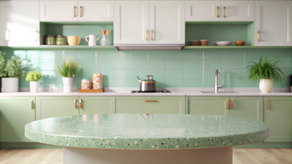 Round pastel green terrazo table in the background of a mint green kitchen, ideal for product mock up photograph