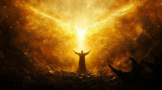 A figure stands victorious in a heavenly, spiritual realm, bathed in golden light