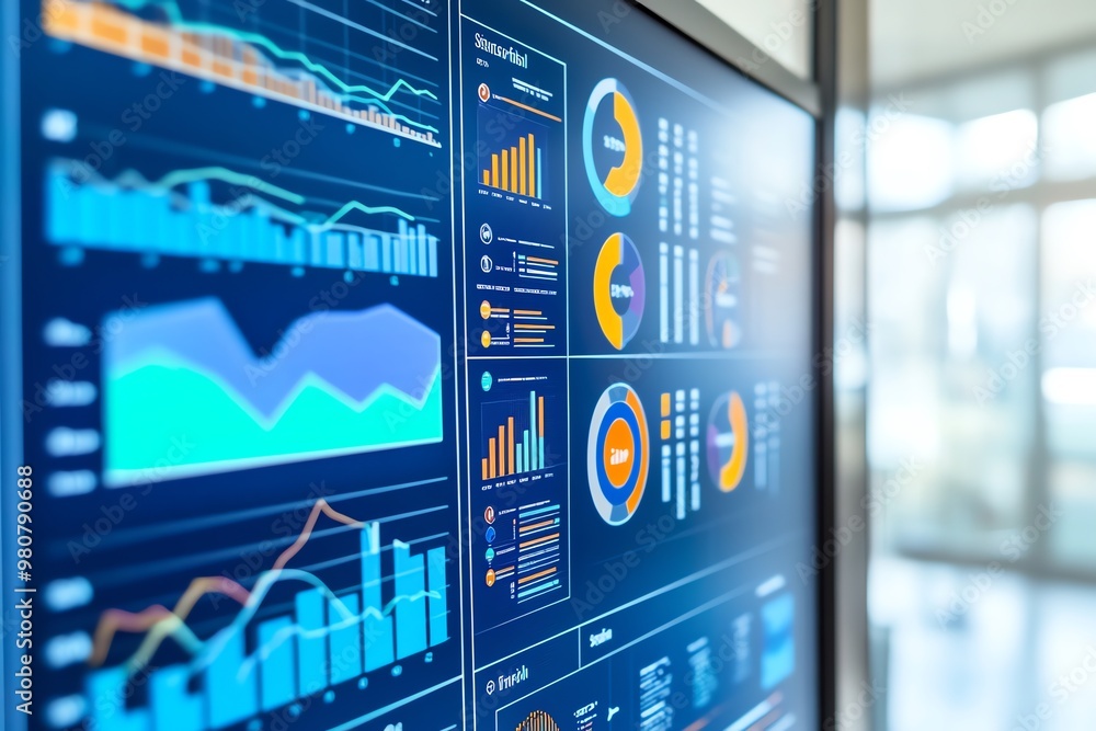 Poster computer screen displaying financial data with charts and graphs