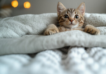 Obraz premium Lustige junge Katze liegt gemütlich im Bett, ideal für Textplatzierung.