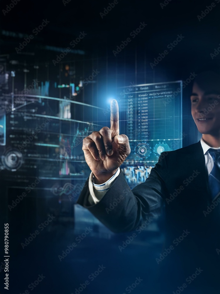 Poster a businessman in a suit, smiles as he interacts with digital data displayed on a futuristic screen.