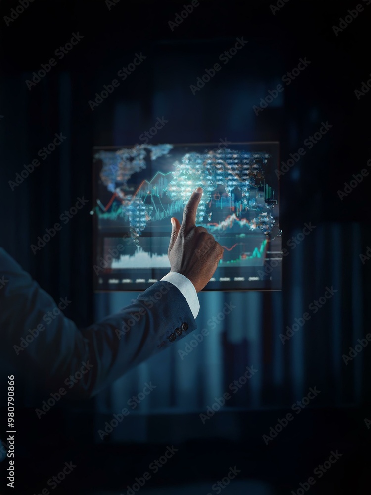 Poster a person in a suit uses their finger to interact with a screen showing a world map and data.