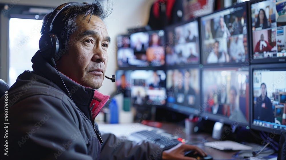 Poster man engaged in virtual communication monitoring multiple screens in a control room setting during a 