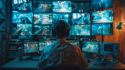Fototapeta premium Surveillance operator monitoring multiple security feeds in a control room late at night
