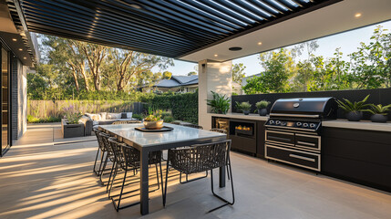 Fototapeta premium A sleek outdoor kitchen with a built-in BBQ grill, minimalist countertops, and a shaded dining area with designer furniture