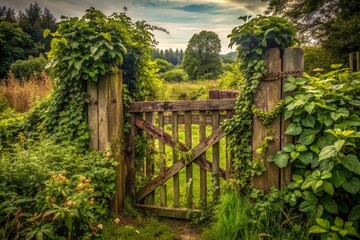 A rustic, worn wooden border gate stands ajar, surrounded by overgrown weeds and vines, evoking a sense of