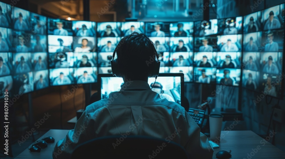 Poster individual engaged in a virtual meeting with multiple participants displayed on various screens in a