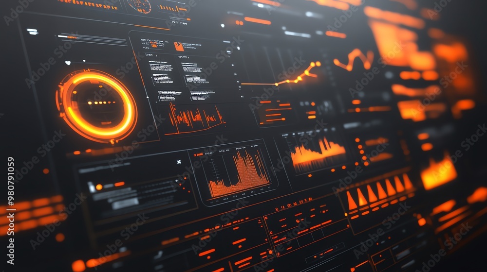 Poster futuristic interface with orange glowing data and graphs