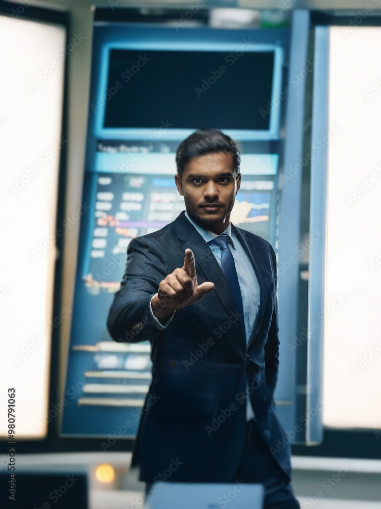 Poster a man in a suit stands in front of a screen, pointing at it with a determined expression.
