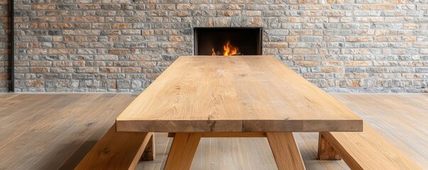 Rustic teak dining set in a countrystyle kitchen, with a long table, matching benches, and an open fireplace in the background