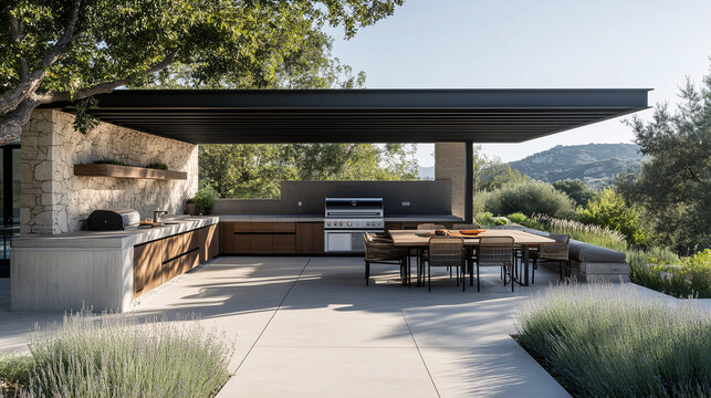 A sleek outdoor kitchen with a built-in BBQ grill, minimalist countertops, and a shaded dining area with designer furniture
