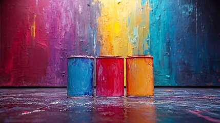 Three paint cans in front of colorful background.