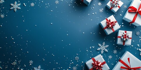 Obraz premium A vibrant festive scene featuring beautifully wrapped gift boxes with red ribbons and scattered snowflakes on a blue background, perfect for holiday-themed designs and celebrations.