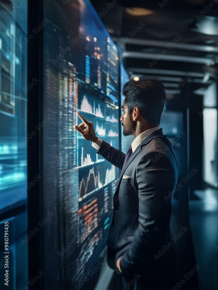 Poster a man in a suit analyzes data displayed on a large screen filled with graphs and charts.