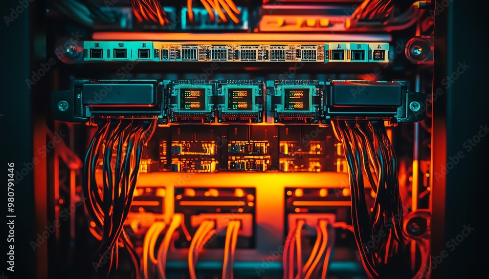 Poster close-up of a server rack with glowing components and cables