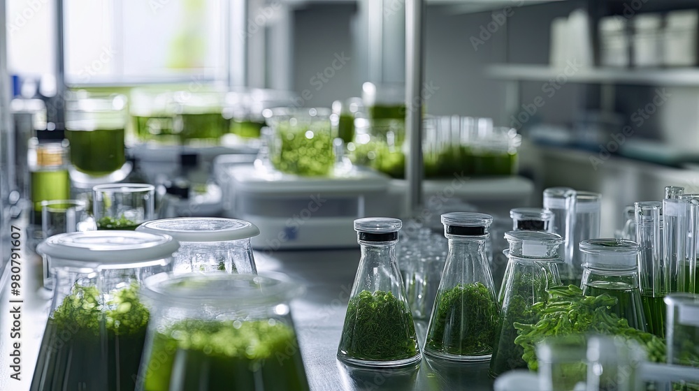 Poster scientists testing alternative protein sources like algae in a modern food innovation lab.