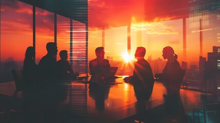 Business team meeting in a boardroom, double exposure with an office building silhouette, people working together.