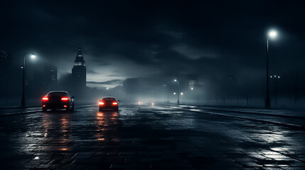 Cars driving on a wet street at night, night in the city, night in the city of the city, night in the city with a lot of lights