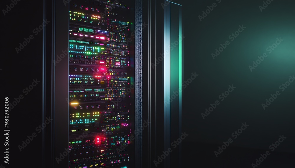 Poster a row of illuminated server racks in a dark server room