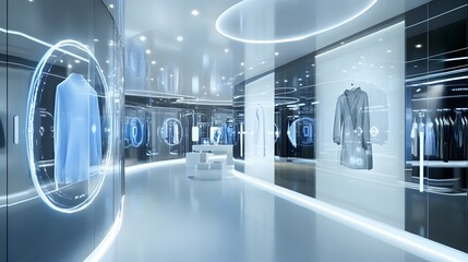 15. A futuristic fashion retail space with holographic clothing displays and interactive smart mirrors