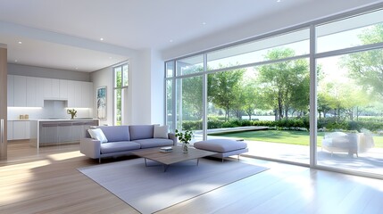 Modern living room with purple furniture and view of sunny garden