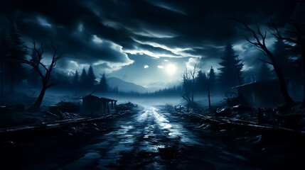 A dark night scene with a mountain and a small cabin in the background, night in the forest, night in the woods, night in the city