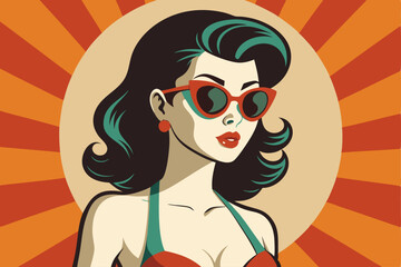 Vintage style illustration of a woman wearing sunglasses.  ideal for vintage or retro-themed project