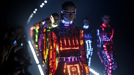 Obraz premium 16. A tech-inspired fashion collection on a runway with garments featuring built-in LEDs and digital prints