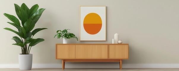 Midcentury modern interior featuring a teak sideboard, adorned with vintage decor, plants, and abstract art