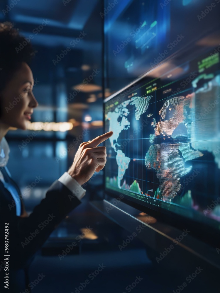 Poster a person in a dark suit, standing in a dimly lit room, points at a large screen displaying a world m