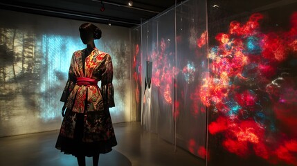 18. A digital fashion art installation with clothing that changes patterns and colors in response to viewer interaction